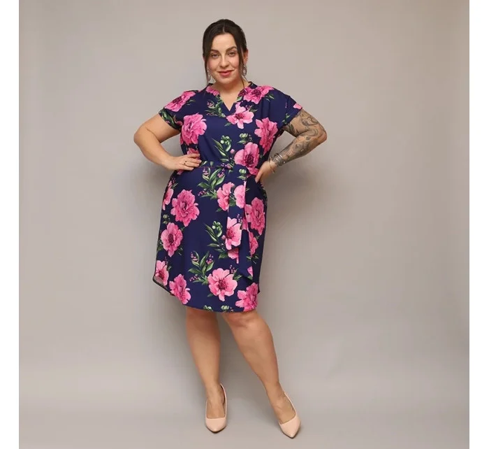 Tmavě modré dámské květované šaty s páskem (744)