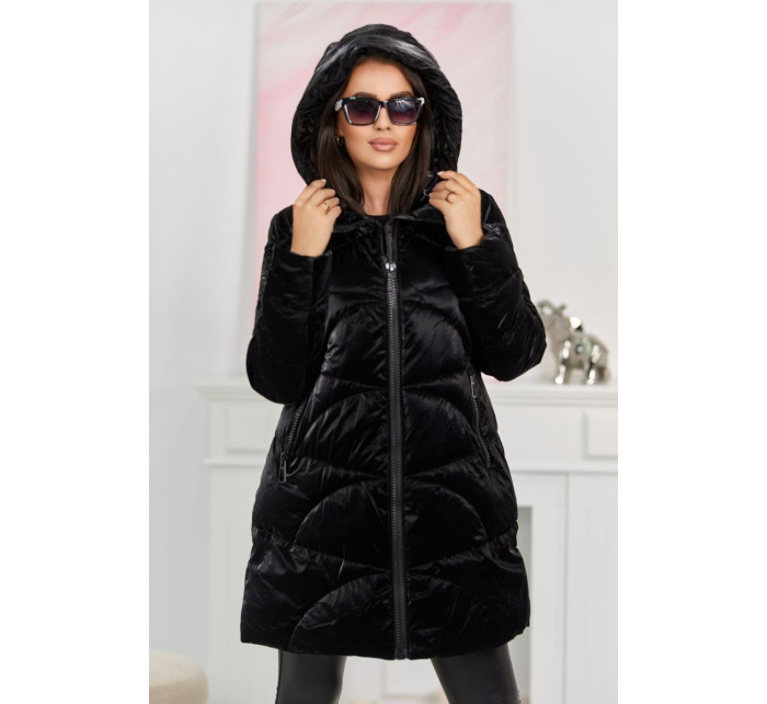 Lesklá prošívaná bunda s velkými zipy černý
