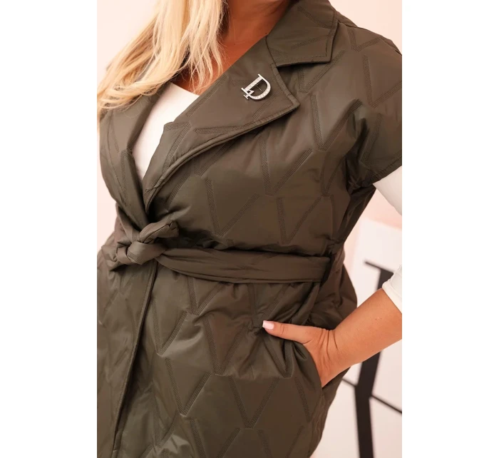 Dámská vesta Plus Size prošívaná s páskem a límcem khaki