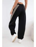 Dámské máslové kalhoty z viskózy s lampasem černé + béžové