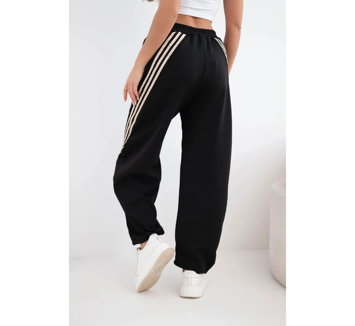 Dámské máslové kalhoty z viskózy s lampasem černé + béžové