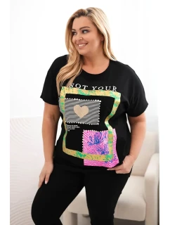 Dámská bavlněná halenka Plus Size se zlatým nápisem černá + zelená