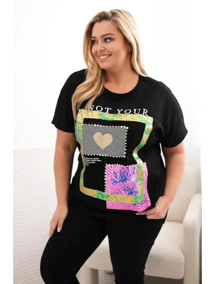 Dámská bavlněná halenka Plus Size se zlatým nápisem černá + zelená