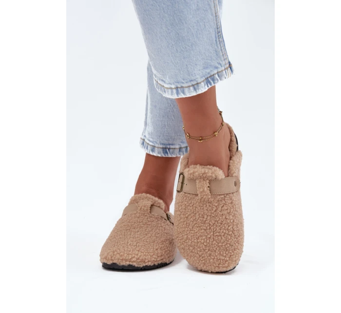 Klapki Damskie Z Futerkiem Typu Baranek Beżowe Lorivine