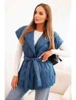 Dámská prošívaná vesta s páskem a širokým límcem tmavě džínová