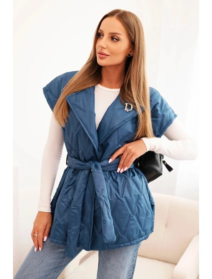 Dámská prošívaná vesta s páskem a širokým límcem tmavě džínová