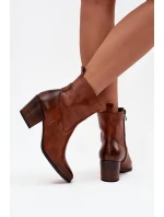 Kožené Kožené Kozačky Pro Ženy Na Podpatku Vyhřívané Zazoo 60565 Hnědé