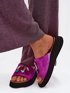 Kožené semišové dámské pantofle s ozdobou na platformě Vinceza 66942 fuchsiové