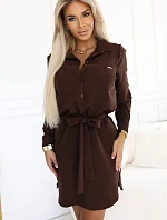 284-5 CAMILLE Košilové šaty s kapsami a vázáním - CHOCOLATE