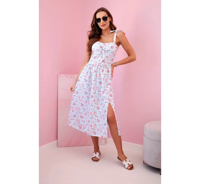 Dámské šaty s potiskem na ramínka s vázáním modrý