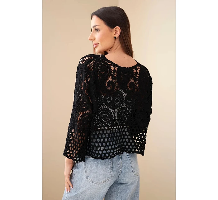 Dámský letní krajkový svetr s knoflíky a dlouhým rukávem černý