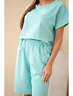Dámský bavlněný komplet tričko s krátkým rukávem a kraťasy s gumou v pase mentolový