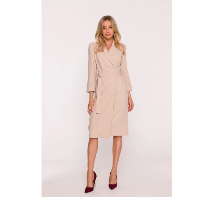 S415 Košilové šaty vázané v pase - béžové
