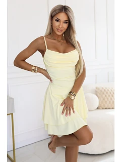 677-3 Šaty bez ramínek s vodním výstřihem a volánovou sukní - máslově žluté