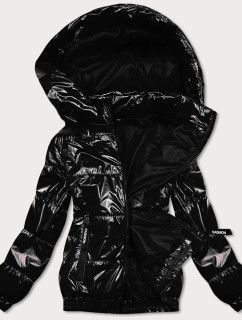 Lesklá černá prošívaná bunda s kapucí (BR9788-1)