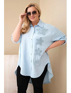 Dámská košile Plus Size z viskózy s květinovou výšivkou modrá