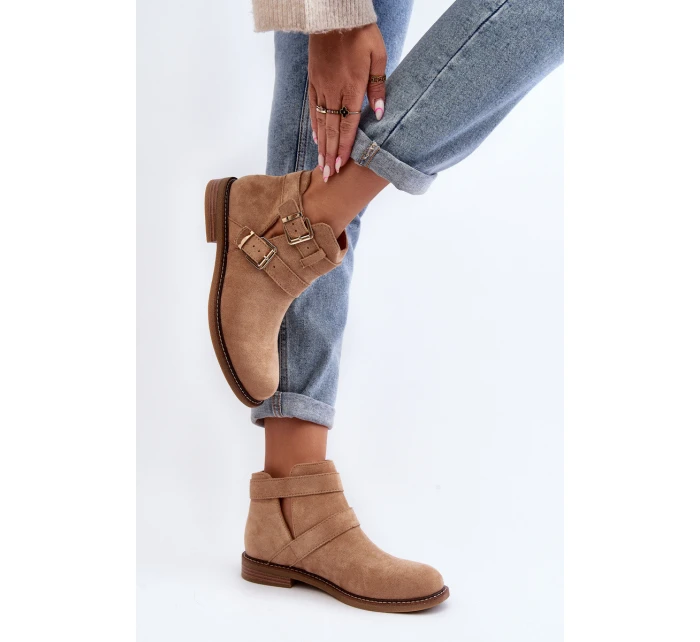 Dámské botky na plochém podpatku s pásky béžové model 21647703 - Boto Dámské botky na plochém podpatku s pásky béžové model 21647703 - Boto