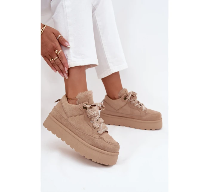 Šněrovací dámské sněhule na platformě zateplené kožíškem béžové Tavelle Šněrovací dámské sněhule na platformě zateplené kožíškem béžové Tavelle