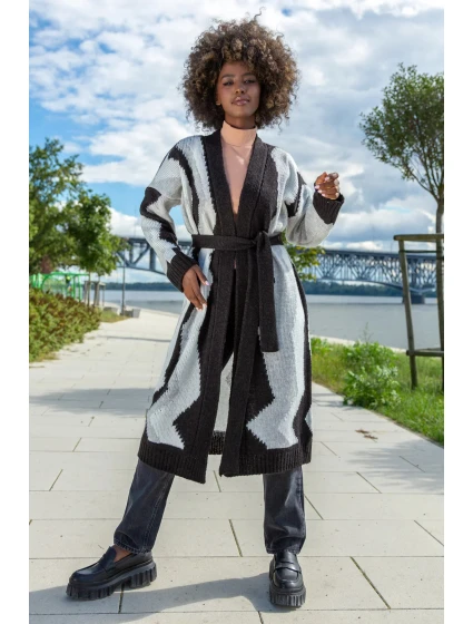 Dámský dlouhý Cardigan F1498 Černá s bílou mix - Fobya Dámský dlouhý Cardigan F1498 Černá s bílou mix - Fobya