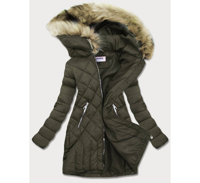 Prošívaná dámská zimní bunda v khaki barvě (LF808)