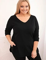 Dámská bavlněná blůza Plus Size s výstřihem do V a ohrnutým rukávem černá