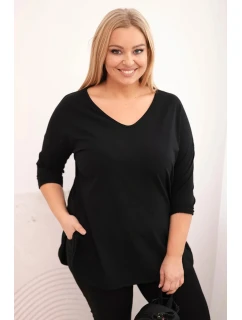 Dámská bavlněná blůza Plus Size s výstřihem do V a ohrnutým rukávem černá