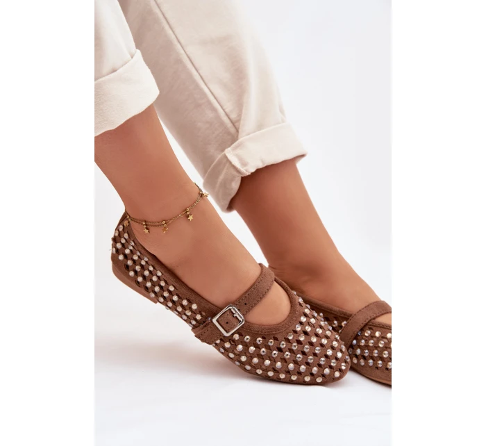 Dámské baleríny s otevřeným vzorem s kamínky a páskem Hnědé Wilvessa