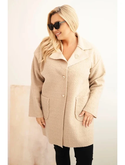 Dámský kabát Plus Size beránek s vlnou a kapsami béžový Dámský kabát Plus Size beránek s vlnou a kapsami béžový