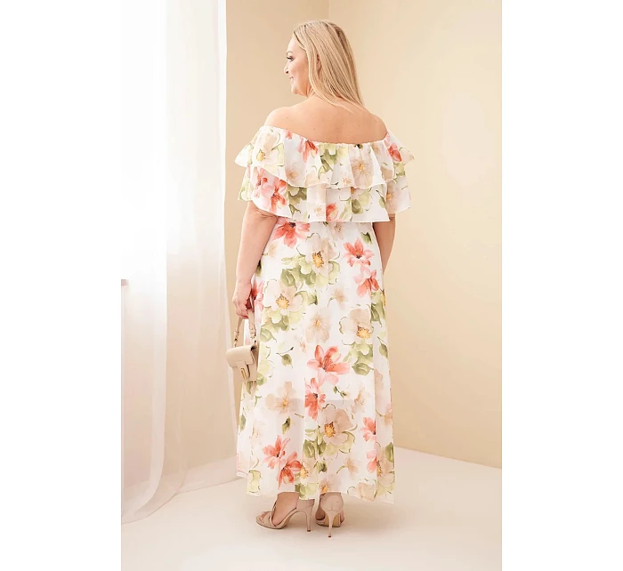 Dámské šaty Plus Size s volánem hiszpanka a elastickým pasem maxi olivová