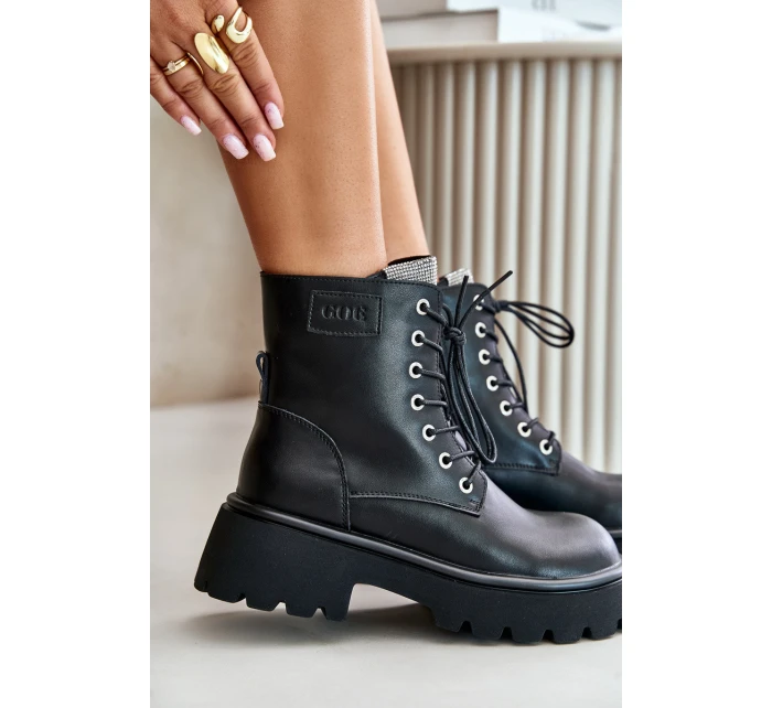 Zateplené Kožené Botky Pracovníky Pro Ženy S Krystaly GOE OO2N4125 Černé Zateplené Kožené Botky Pracovníky Pro Ženy S Krystaly GOE OO2N4125 Černé