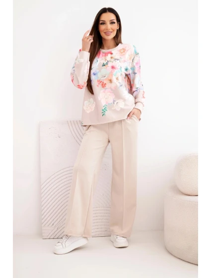 Dámský viskózový komplet s úpravou v vzoru se širokými nohavicemi béžový model 22014241 - K-Fashion Dámský viskózový komplet s úpravou v vzoru se širokými nohavicemi béžový model 22014241 - K-Fashion