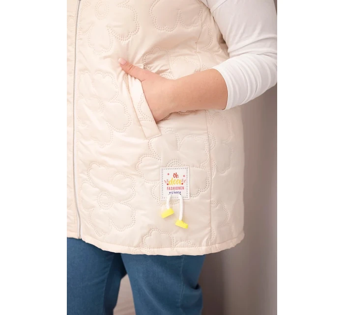 Dámská vesta Plus Size s kapucí a květinovým prošíváním světle béžová
