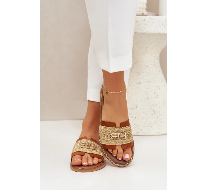 Kožené Pantofle S Dekorativním Detailem A Pletením Hnědé Zazoo 40426