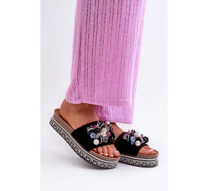 Dámské pantofle na platformě s ozdobami S.Barski černá Dámské pantofle na platformě s ozdobami S.Barski černá