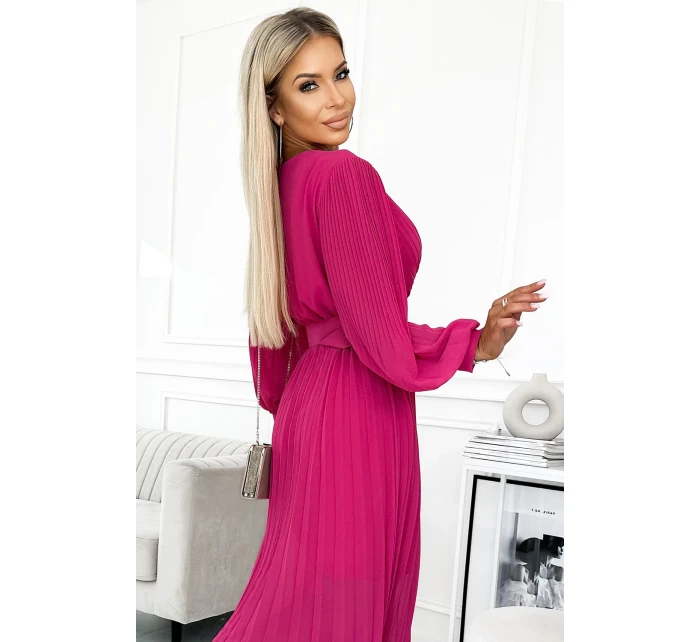 414-4 KLARA plisované šaty s páskem a výstřihem - FUKSY