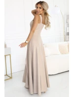 dlouhé šaty s rozparkem a výstřihem typu béžové s brokátem model 21310320 - numoco dlouhé šaty s rozparkem a výstřihem typu béžové s brokátem model 21310320 - numoco