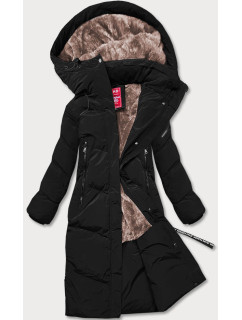 Dlouhá černá dámská zimní bunda s kožešinovou podšívkou (2M-011)