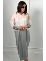 Trikolorní šaty s kapucí pudrově růžová + ecru + šedá
