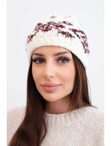 Dámská zimní čepice s norským vzorem a silným pletením K351 ecru+czerwony Dámská zimní čepice s norským vzorem a silným pletením K351 ecru+czerwony
