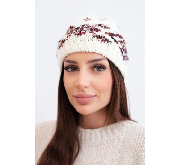 Dámská zimní čepice s norským vzorem a silným pletením K351 ecru+czerwony Dámská zimní čepice s norským vzorem a silným pletením K351 ecru+czerwony