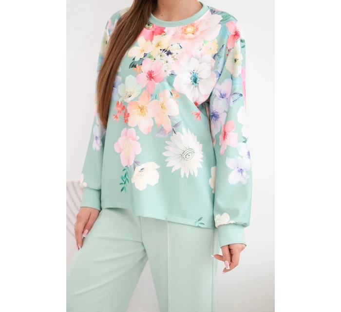 Dámský máslový viskózový komplet s květinami s širokou nohavicí tmavě mátová