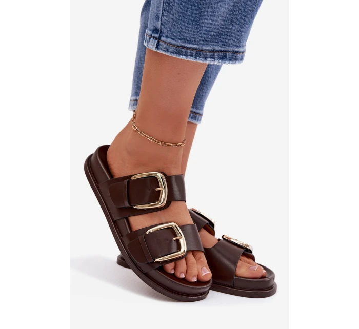 Dámské ekologické kožené pantofle se zlatými sponami Čokoládové model 21960841 - Boto