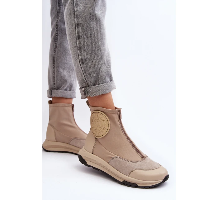 Dámské kožené boty s zipem model 21639047 béžové - Maciejka Dámské kožené boty s zipem model 21639047 béžové - Maciejka
