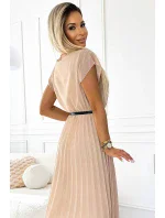 548-1 Plisované midi šaty s černým páskem - BEACH