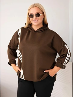 Dámská plus size viskózová mikina s kapucí a ozdobnými pásky hnědá