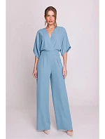 S395 Kombinéza s širokými nohavicemi a zavinovacím výstřihem - nebesky modrá