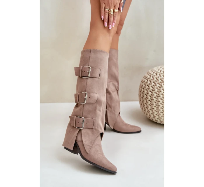 Kozačky Na Podpatku S Ohnutou Holení A Přezkami Béžové Vamissa Kozačky Na Podpatku S Ohnutou Holení A Přezkami Béžové Vamissa