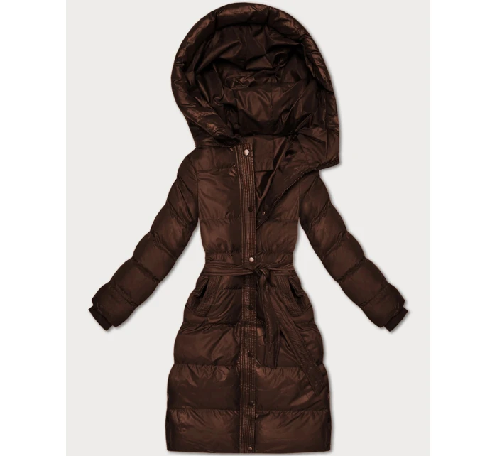 Prošívaná zimní bunda v čokoládové barvě s páskem model 21748221 - J.STYLE