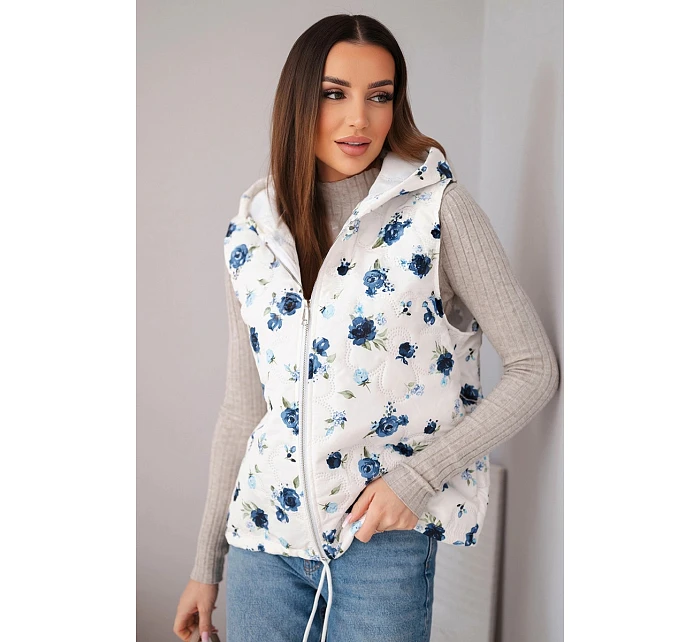 Dámská prošívaná vesta s květinovým vzorem a kapucí námořnická modrá