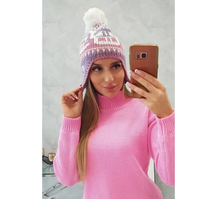Rosa dámská čepice s bambulí K368 fialová+bílá+tmavě růžová